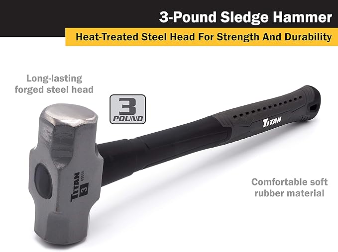 Titan 63000 3lb Sledge Hammer, Forged Steel Head, Overstrike Protection, Sledgehammer with 16" Shock Absorbing Fiberglass Handle with Textured Grip