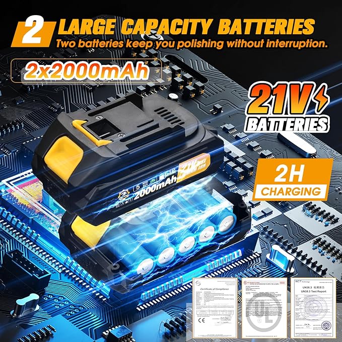 Cordless Car Buffer Polisher kit [2x 2000mAh 21V Batteries & 18 PCS Attachments] 6-Speed Orbital Design, LED Display, 6 Inch Lightweight Detailing Tool for Waxing, Polishing & Scratch Removal