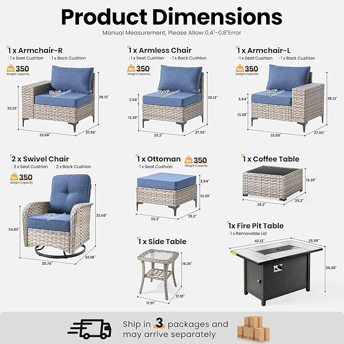 ovios 9 Pieces Patio Furniture Set Outdoor Sectional Sofa Couch with Fire Pit Table Rocking Swivel Chairs Deep Seat Chaise, Modern Modular Wicker Rattan Conversation Set, Denim Blue