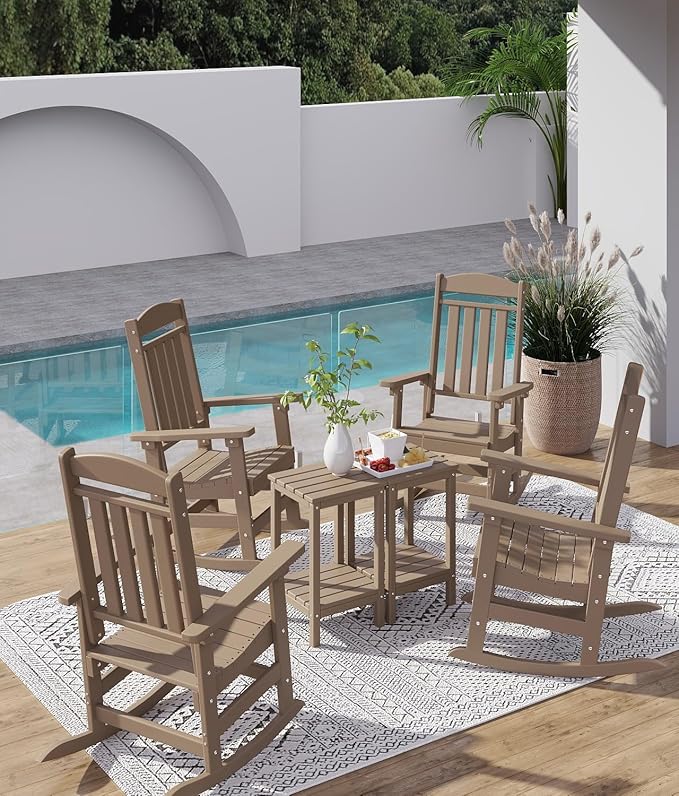 FOOWIN Outdoor Rocking Chair Set of 6, High Back Patio Rocking Chair, HDPE All Weather Resistant Porch Rocker for Adult, Oversized Rocking Chairs for Garden, Lawn, Indoor & Outdoor Use, Brown