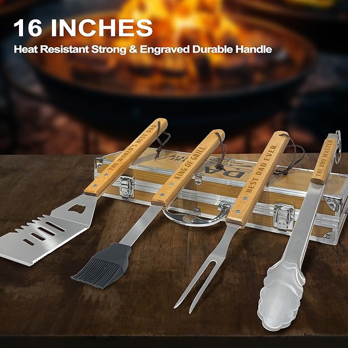Christmas Dad Gifts from Daughter Heavy Duty Wooden BBQ Grilling Accessories Kit for Backyard, Thick Stainless Steel Grill Utensils with Non-Slip Handle Tools in Portable Bag Birthday