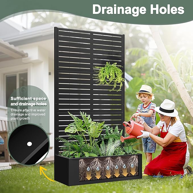 Metal Planter Box with Trellis for Climbing Plants Outdoor, Raised Garden Bed with Trellis, Privacy Screen for Patio (35" L×16" W×71" H, Black Blinds)