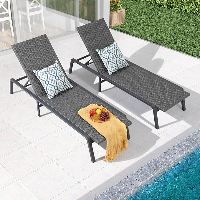 Patiorama Patio Chaise Lounge Set of 2, Aluminum Outdoor Folding Lounge Chair, All-Weather PE Rattan Wicker Adjustable Reclining Lounge Chair for Outside,Portable Sun Lounger for Beach Lawn Pool-Grey