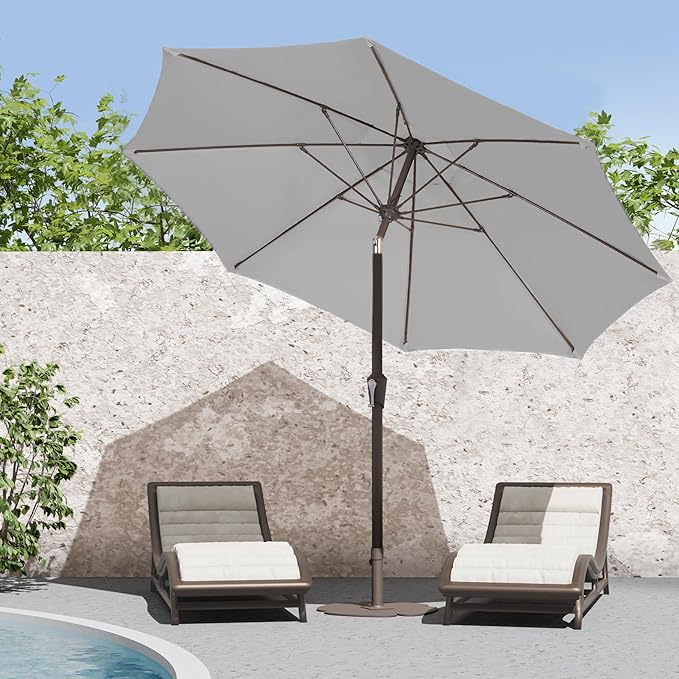 PatioKingdom 9FT Patio Outdoor Umbrella-UPF 50+ Sun Shade with Wind Vent, Push-Button Tilt & Smooth Crank Lift, Rust-Resistant Fiberglass Frame for Garden, Backyard,Yard (Light Gray, 9FT)