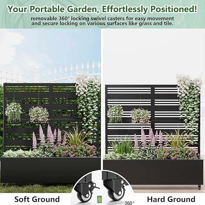 Casaphoria Raised Garden Bed Metal Planter Box with Trellis, 47"x47"x16" for Outdoor Climbing Plants, Flowers Vegetables and Vines Privacy Screen with Wheels and Drainage Holes(Black Louvered)