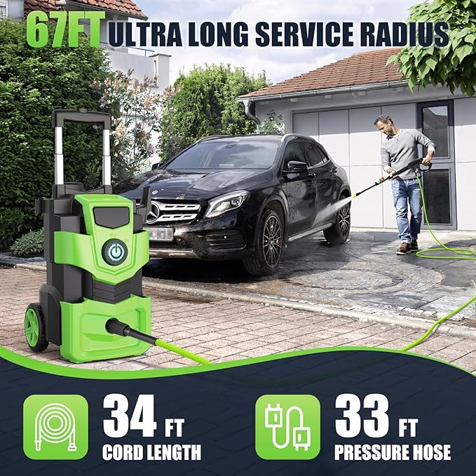 Adjustable Pressure Cleaner with 33FT Flexible Extension Hose + 34FT Power Cord, 4 Nozzles, Foam Cannon, Best Power Cleaner for Cars, Patios, Driveways, Green