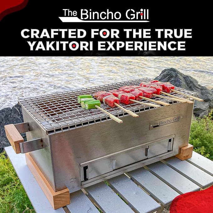 The Bincho Grill – 16" Mini Yakitori Grill – Stainless Steel Mini Tabletop Charcoal BBQ with Charcoal Box, Optimized Airflow & Cool-Touch Base - Perfect for Japanese Grilling, Skewers, Meat, Seafood