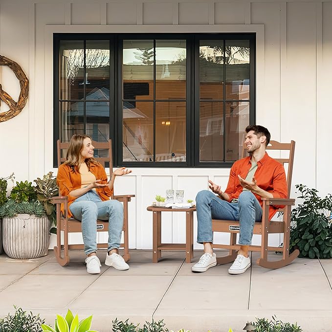 nalone Outdoor Rocking Chair, Oversized Porch Rocker Chair for Adult, All-Weather Resistant Patio Rocking Chair for Garden Lawn (Teak)