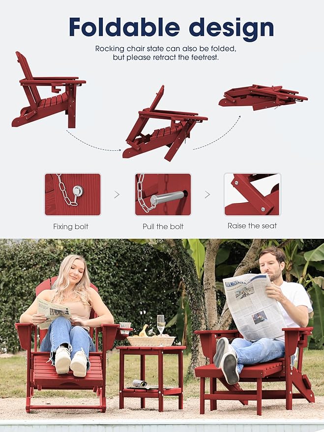 KINGYES Adirondack Rocking Chair Set of 2 with Retractable Ottoman and Cup Holders, HDPE Adirondack Rocker Patio Rocking Chair for Porch, Patio, Balcony, Burgundy Red