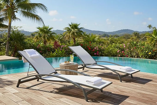 PURPLE LEAF Patio Chaise Lounge Chair Set of 2 Outdoor Lounge Chair with Arm All Weather Adjustable Lounger for Beach Pool Lawn Garden Recliner White