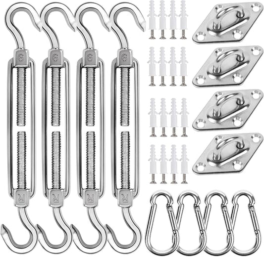 yofit 44 Pcs Shade Sail Hardware Kit, 6 Inch Outdoor Sun Sail Accessories, 304 Stainless Steel Turnbuckles & Brackets for Triangle/Rectangle Sails, Patio Canopy Installation Hardware Set Waterproof