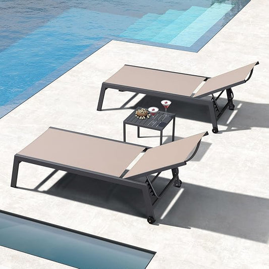 PURPLE LEAF Outdoor Chaise Lounge Set for 2 Oversized Pool Lounge Chairs with Easy-to-Move Wheels and Adjustable Backrest Extra Large Patio Loungers for Poolside Deck Beach Table Included, Sand Beige