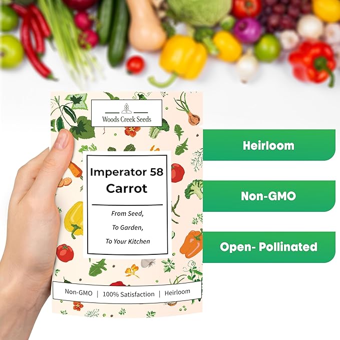Woods Creek Seeds: Imperator 58 Carrot Seeds for Planting - Over 1,000 Heirloom Carrot Seed Pack - Non-GMO Carrots Seeds for Planting Outdoors or Indoors - Beginner Friendly Vegetable Gardening