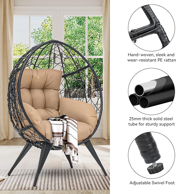YITAHOME Large Wicker Egg Chair with Stand for Indoor and Outdoor, Cushion, and Adjustable Leveling Feet, Large Lounger for Garden, Patio, Balcony, Backyard,Supports up to 330lbs, Beige