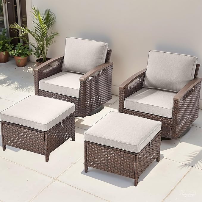 Rilyson Wicker Outdoor Patio Furniture Set - 4 Piece Patio Conversation Set with Swivel Rocker Chairs and Ottomans, Thick Cushions, High Back, Deep Seating, for Porch Deck Garden Brown/Beige