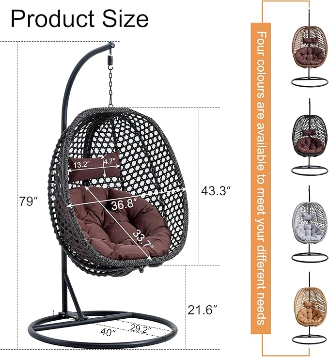 Egg Swing Chair Outdoor with Stand, Hanging Egg Rattan Basket Chair with Cushion and Pillow, Lounge Chair, Foldable Basket and Metal Stand for Porch, Patio, Bedroom, Balcony,Yard (Black)