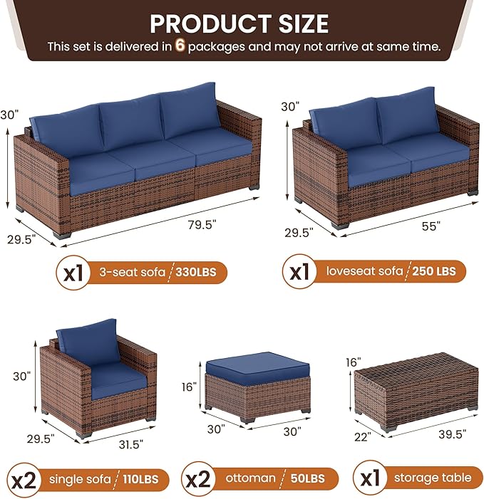 UDPATIO Patio Furniture Set with Storage Coffee Table, 7 Pieces Outdoor Furniture Sets, Wicker Rattan Patio Conversation Sets with Ottoman and Waterproof Covers for Porch Deck Backyard, Blue