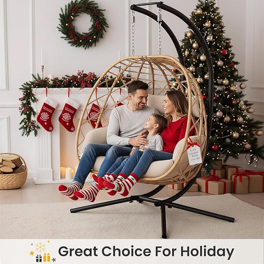 SWITTE Double Egg Swing Chair with Stand, 2 Person Outdoor Indoor Hammock Hanging Chair with Cushion for Patio Living Room 650 LBS Capacity-Beige