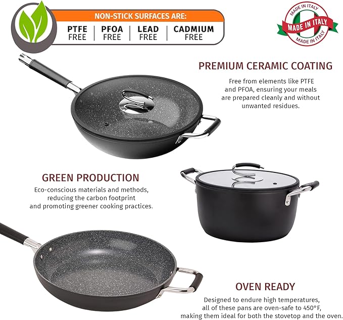DaTerra Cucina Nonstick Family Bundle – 13" Frying Pan, 13" Wok with Lid, 8 Qt Dutch Oven with Lid – Oven Safe, Ceramic Nonstick, PTFE & PFOA Free – Made in Italy, Volcanic Black Speckled