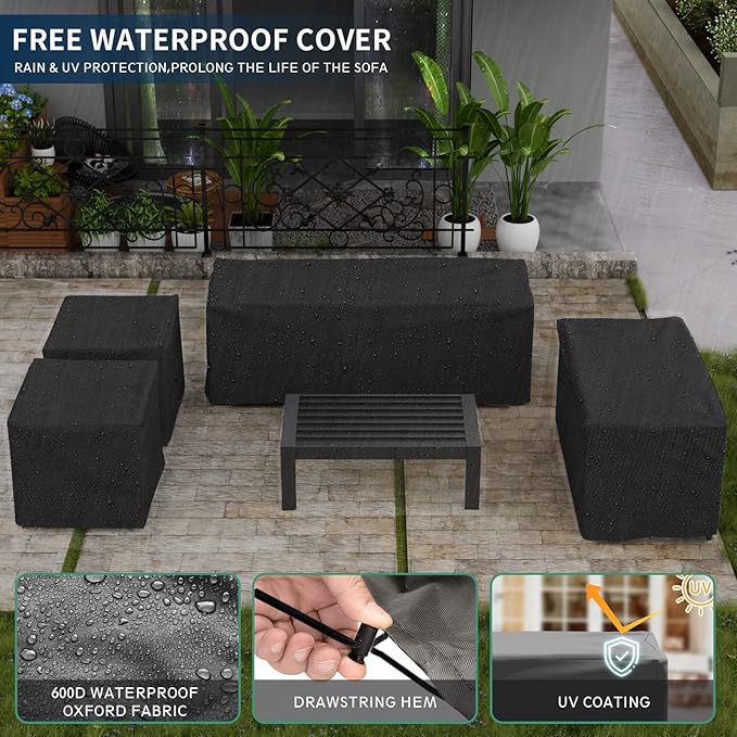 Amopatio Aluminum Patio Furniture Set, 8 Pieces Modern Patio Conversation Sets, Outdoor Sectional Metal Sofa with Coffee Table for Balcony, Garden, Dark Grey (Included Waterproof Covers)
