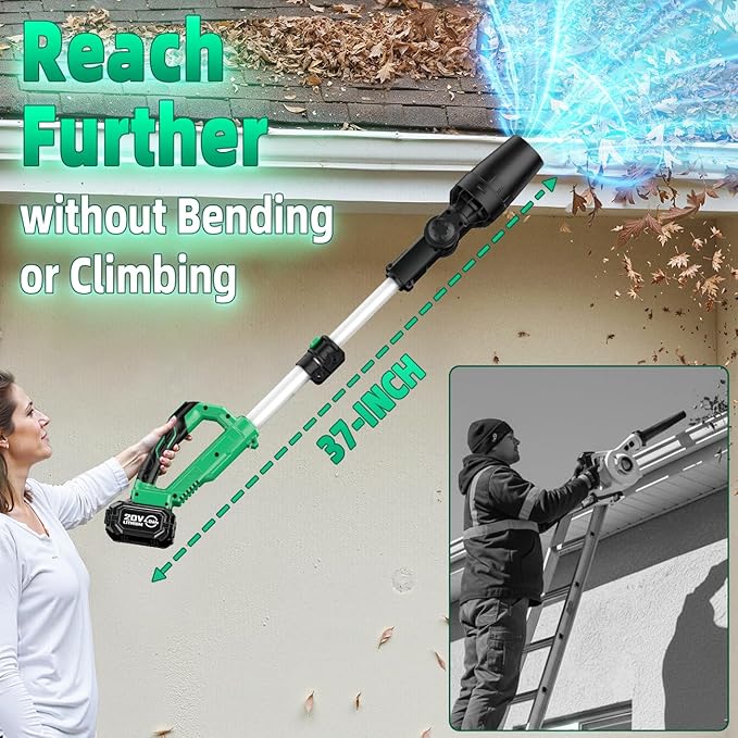 KIMO Leaf Blower Cordless with Battery and Charger, 310000RPM, 37Inch Telescopic Pole, 750CFM 280MPH, 3Speeds w/Smart Panel, Lightweight 2.5Lb, 2PCS 4000mAh Battery Operated Leaf Blowers for Lawn Care