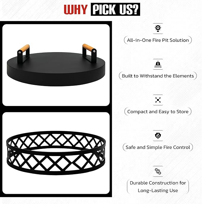 FEBTECH - Smokeless Fire Pit Accessories Combo - Heavy Duty Carbon Steel 15" Firepit Base Ring,15.5" Lid with 2 Wooden Handles - Fireplace Tools Kit for Camping, Patio, Bonfire Use