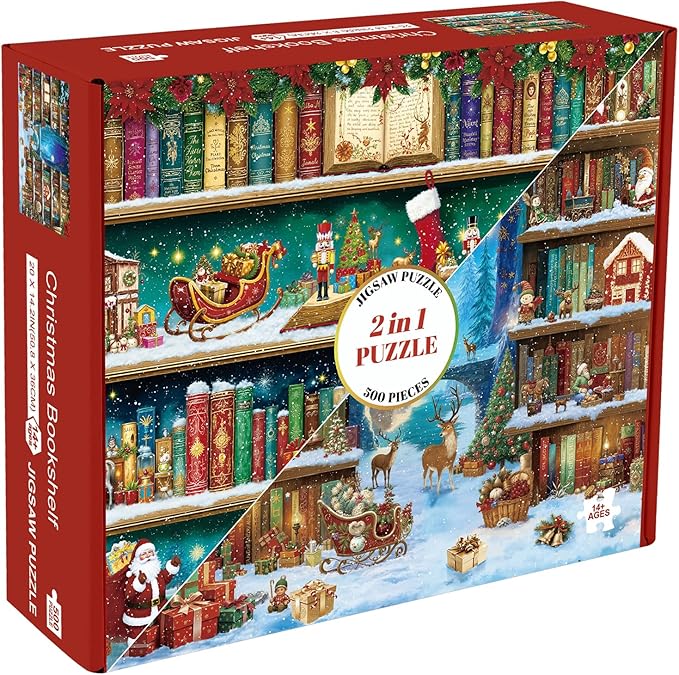 Sutinban 2 Packs Christmas Bookself 500 Piece Puzzles for Adults, Jigsaw Puzzle for Kids Adults Seniors, Challenging Colorful Puzzles Family Game Gift Decor 20.0 * 14.2