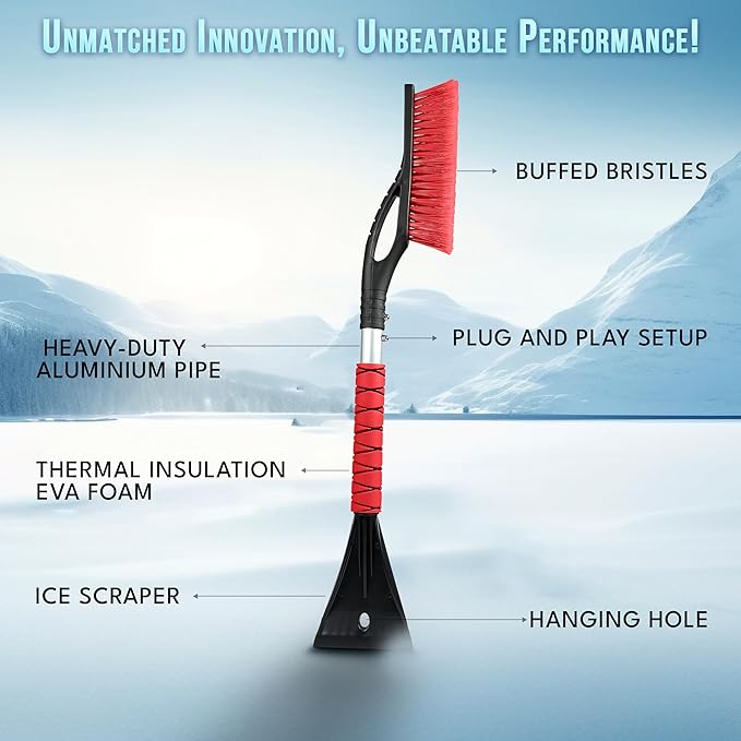 EcoNour 27" Aluminum Car Snow Scraper and Brush (Orange, Red & Blue) | Weaved Bristle Head with Metal Body Ice Scraper for Car Windshield | Tough Ice Scraper with Foam Grip Winter Accessory | 3 Pack