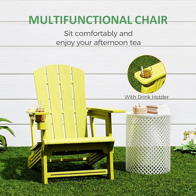 Adirondack Chairs Set of 6,Adirondack Chair with Cup Holders,Wooden Textured Plastic Fire Pit Chair,All-Weather Outdoor Patio Chairs for Lawn,Backyard Deck, Porch,400LBS Heavy-Duty,Yellow