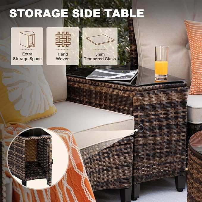 MEISSALIVVE 9 Piece Outdoor Patio Furniture Set, Half-Moon Curved Sectional Sofa Rattan Conversation Set with Wood Armrests, Coffee Table & Side Table（Brown）