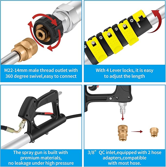 24 FT Telescoping Pressure Washer Wand Extension, Aluminum Power Washer Extension Wand with Brush Head, 5 Nozzle Tips, 2 Adapters, Support Belt, Gutter Cleaning Tools from The Ground