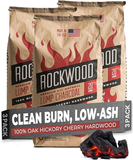 Rockwood Natural Lump Charcoal – Oak, Hickory & Cherry Hardwood Blend for Barbecue Smoking, High-Heat Grilling, & Outdoor Cooking – Clean Burning, Ideal for Kettle & Kamado Grills – 20lbs (3 Packs)