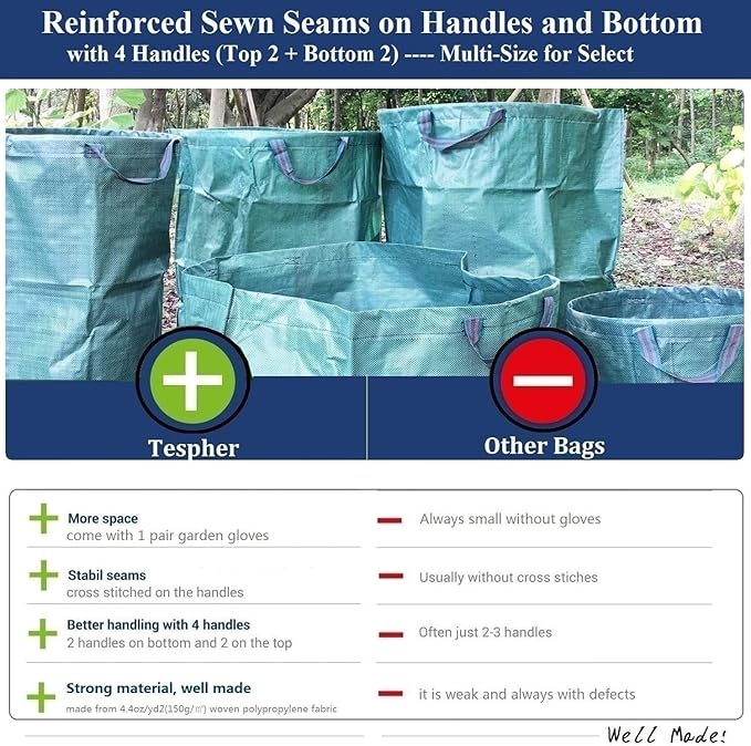 Standard 3-Pack 16 Gallons Yard Garden Bags (D18,H15 inch) W/Gardening Gloves, Reusable Leaf Bags,Grass Clippings,Lawn Debris Bag,Laundry Container,Patio Trash Bin,Weeds Bag,Yard Waste Bags 4 handles