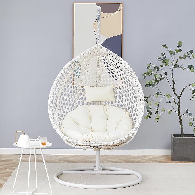 Hanging Egg Chair with Stand, Egg Swing Chair with Stand Indoor Outdoor, White Wicker Swing Egg Chair for Adults, Hammock Chair with Comfortable Cushion and Stable Round Metal Base for Bedroom Patio