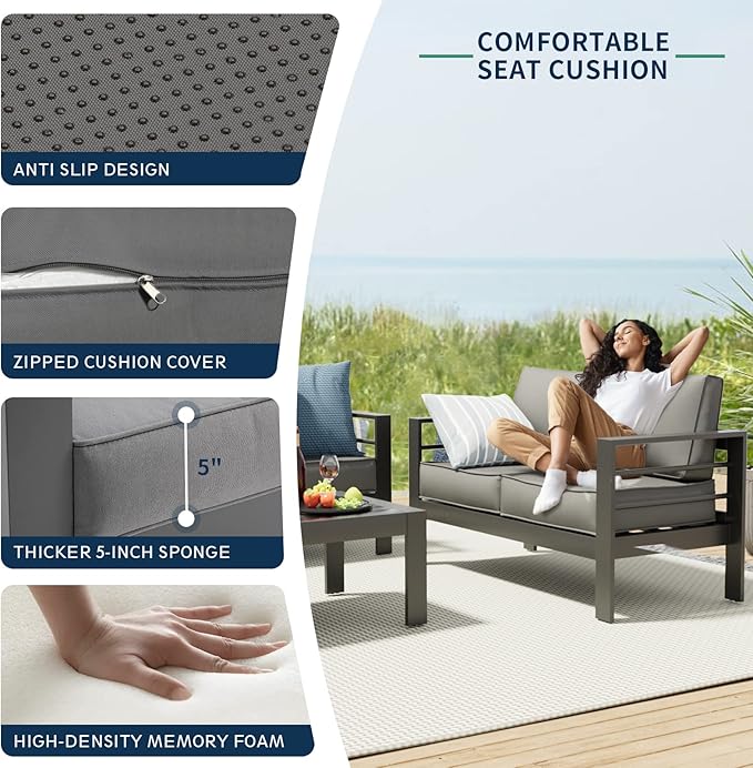 Amopatio Aluminum Patio Furniture Set, 8 Pieces Modern Patio Conversation Sets, Outdoor Sectional Metal Sofa with Coffee Table for Balcony, Garden, Dark Grey (Included Waterproof Covers)