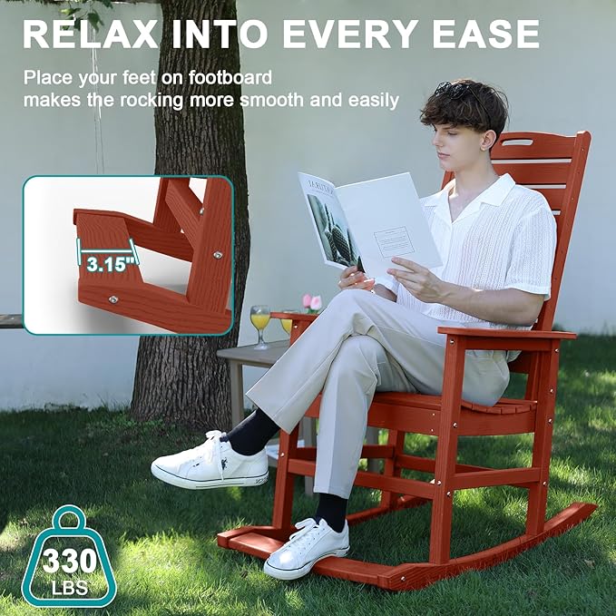Outdoor Rocking Chair Set of 4 with Removable Footboard for Adults, HDPE High Back Patio Rocking Chairs, 330lbs All Weather Porch Rocking Chairs for Outdoor & Indoor -Reddish Brown