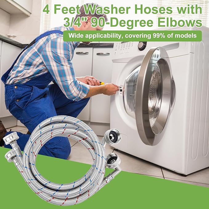 Washer Hose 6ft,Stainless Steel Washing Machine Hose 6 Foot with 90 Degree Elbows 2 Packs Braided Premium Washer Hoses Supply Lines-Washer Hoses 6ft Hot and Cold Striped Water Connection-by MIFLUS