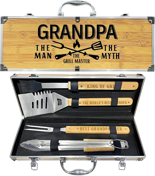Grandpa Gifts from Grandkids, Christmas Grandpa Gift Heavy Duty Wooden BBQ Grilling Accessories Kit for Backyard, Thick Stainless Steel Grill Utensils with Non-Slip Handle Tools in Portable Bag