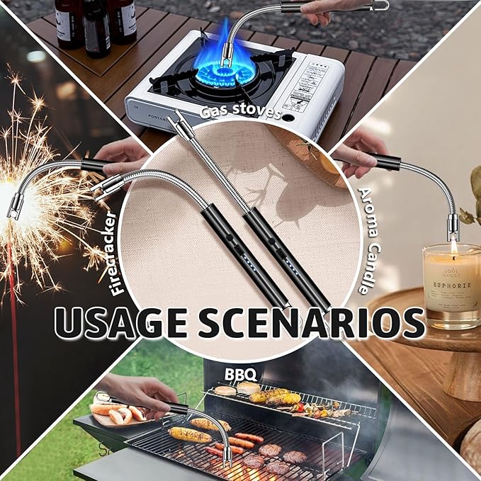 2 PCS Electric Lighter, Candle Lighter Arc Windproof Flame-Less with 360° Flexible Neck & LED Power Display, Type-C Rechargeable for BBQ, Grill, Camping, Fireplace, Stove