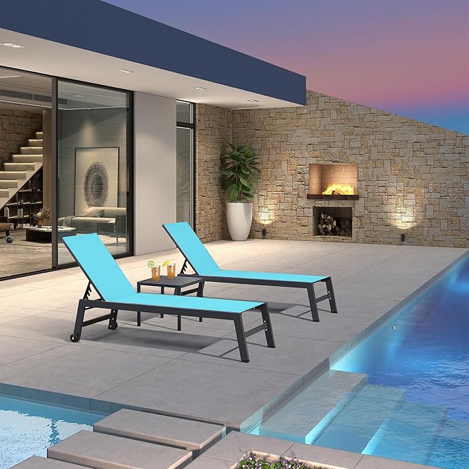 PURPLE LEAF Patio Chaise Lounge Set 4 Pieces Aluminum Outdoor Lounge Chairs with Wheels and Side Table Sunbathing Recliner Turquoise Blue