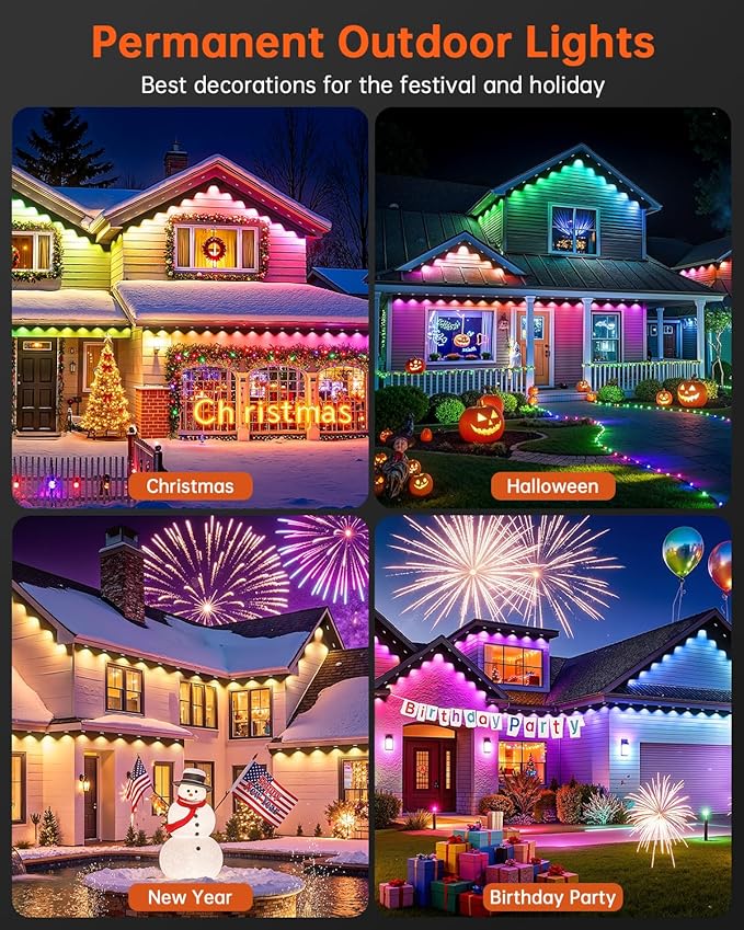YAYZA! Permanent Outdoor Lights Pro,150ft 108 LED Smart RGB+IC+Warm/Cool White Christmas Eave Lights, 135lm, Music Sync & DIY Scenes, IP67 Waterproof for Outside Decor Works with Alexa,Google, Remote