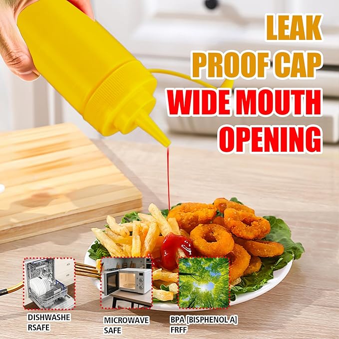 Squeeze Bottles for Sauces,Leak-Proof Condiment Dispenser, BPA-Free Kitchen Restaurant Squeeze Bottle Set with Wide Mouth for Ketchup, Mustard,Syrup,Dressings (Yellow, 2Pack-8oz(200ml))