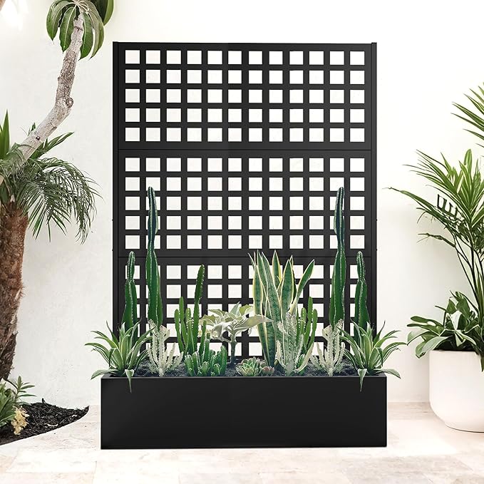 Metal Raised Garden Beds Outdoor with Trellis & Privacy Screen for Outdoor Plants, Planter Box for Climbling Plants, Flowers, Vine, Large Garden Boxes with Drainage Holes (47"L×16"W×71"H, Black)
