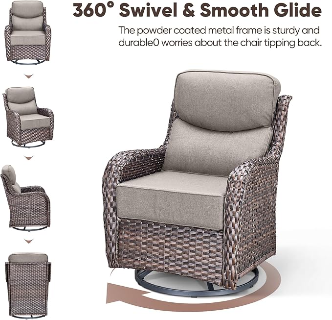 Swivel Patio Chairs sofa Set of 8 with 6" Thick Cushion - Wicker Outdoor Swivel Rocker Patio Chair ,Sofa/Glass coffee table, High Back Comfortable Outdoor Glider Chairs - Brown Wicker | Gery Cushions