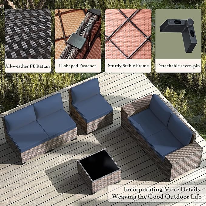 Outdoor Patio Furniture Set, 6 Pieces Outdoor Furniture All Weather Patio Sectional Sofa PE Wicker Modular Conversation Sets with Coffee Table,5 Chairs & Seat Clips Dark Blue