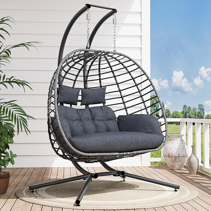 SWITTE Double Egg Swing Chair with Stand, Outdoor Patio 2 Person Hanging Wicker Hammock Chairs with Cushion for Indoor Bedroom, Lawn, Garden-Dark Grey