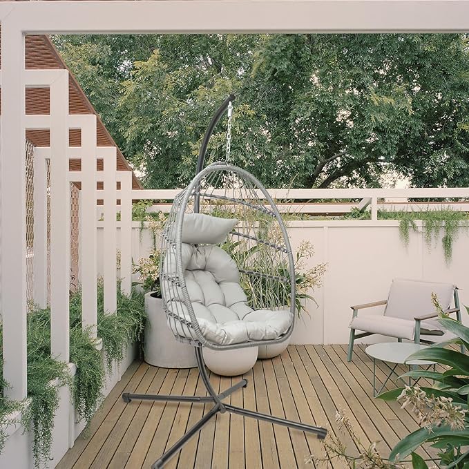 Hanging Egg Chair with Stand, Patio Wicker Hammock Egg Swing Chair with Cushion for Bedroom Garden Indoor Outdoor