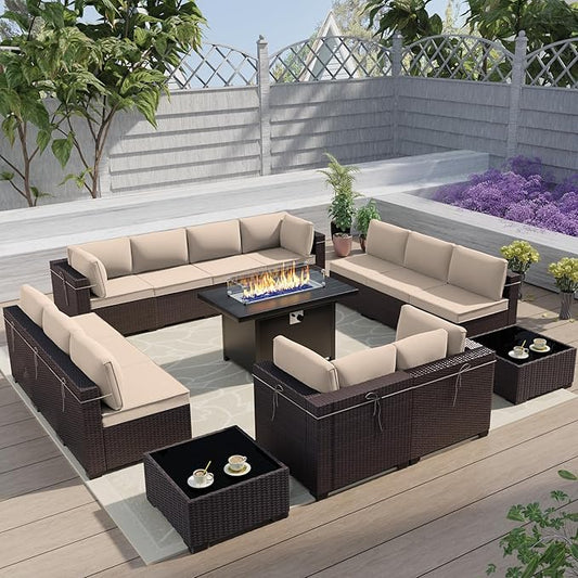 Outdoor Terrace Furniture Set With 43-Inch Aluminum 55001 BTU Propane Fire Pit, 15 Piece PE Willow Vine Dialogue - Brown