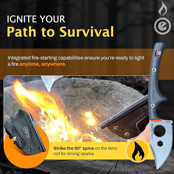 OUTDOOR ELEMENT Contour Feather Survival Knife + Natural Fire Starter Kit – VG10 Steel Fixed Blade with Ferro Rod, Hex Driver, Whistle & Waterproof Tinder Tin – Ultimate Camping & Survival Gear Set