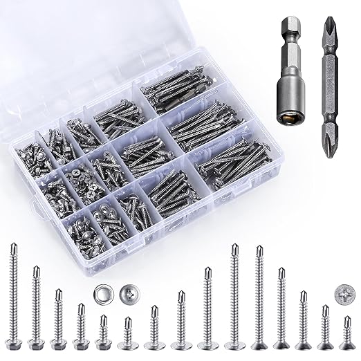 440 Pcs 410 Stainless Steel Sheet Metal Self-Tapping Screws Combination Set with Flat Head, Large Flat Head and Hexagon Head Screws
